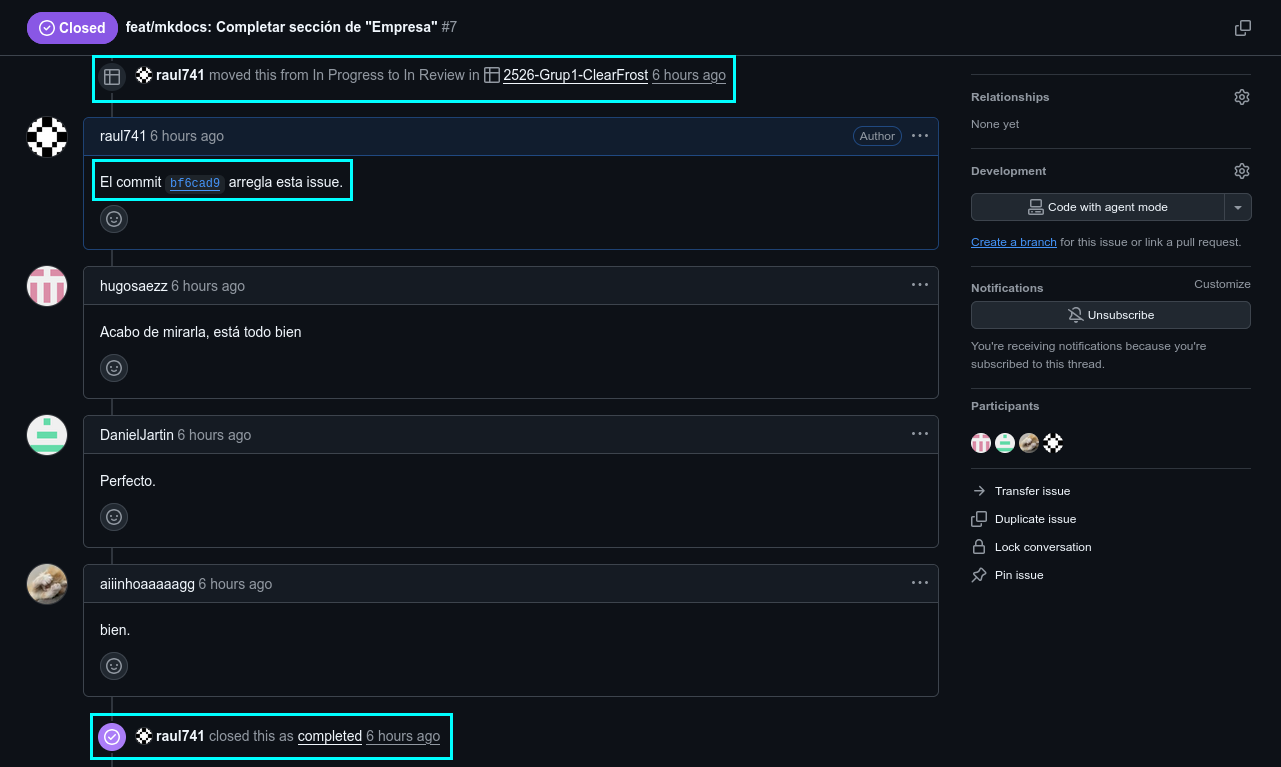 Historial de una discusión sobre el estado de una incidencia en el repositorio.