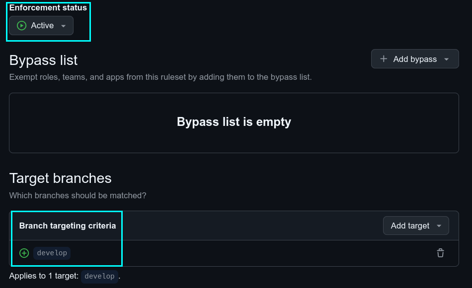 Configuración de la restricción de "develop".