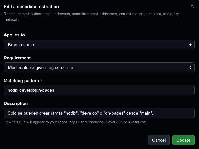 Restricciones de la rama "main".