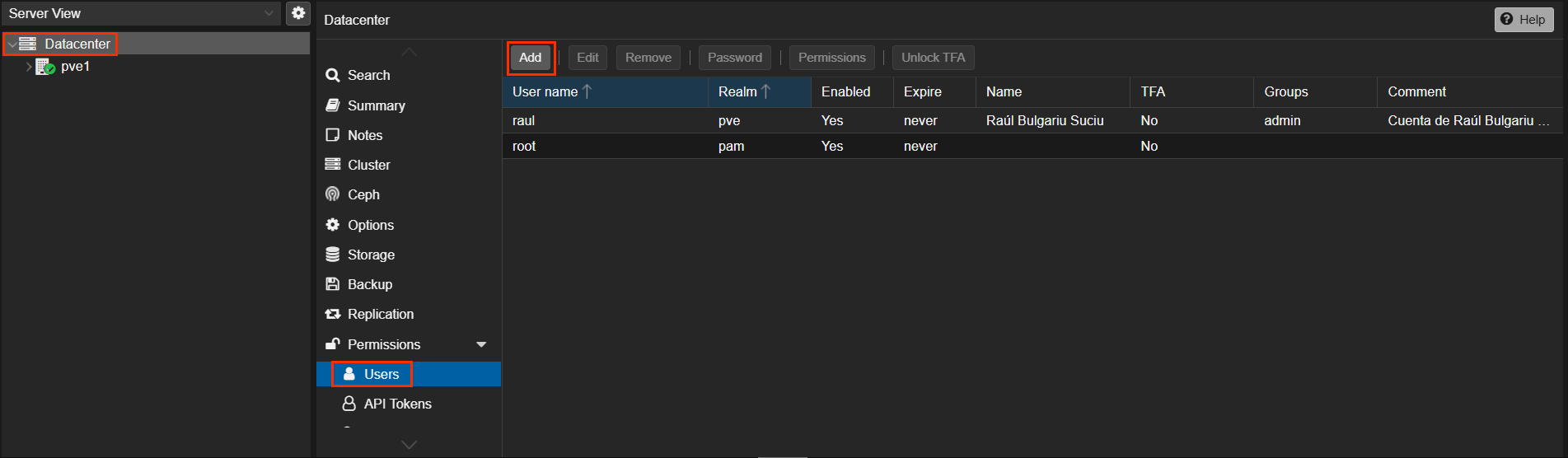 Panel de creación de usuarios.