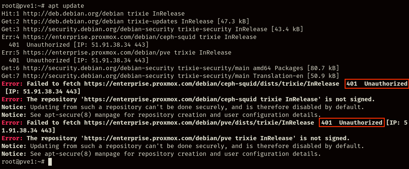 Error al intentar actualizar los repositorios.