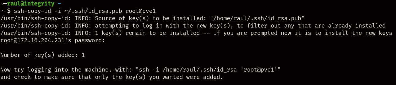 Copia exitosa de la llave pública al servidor.