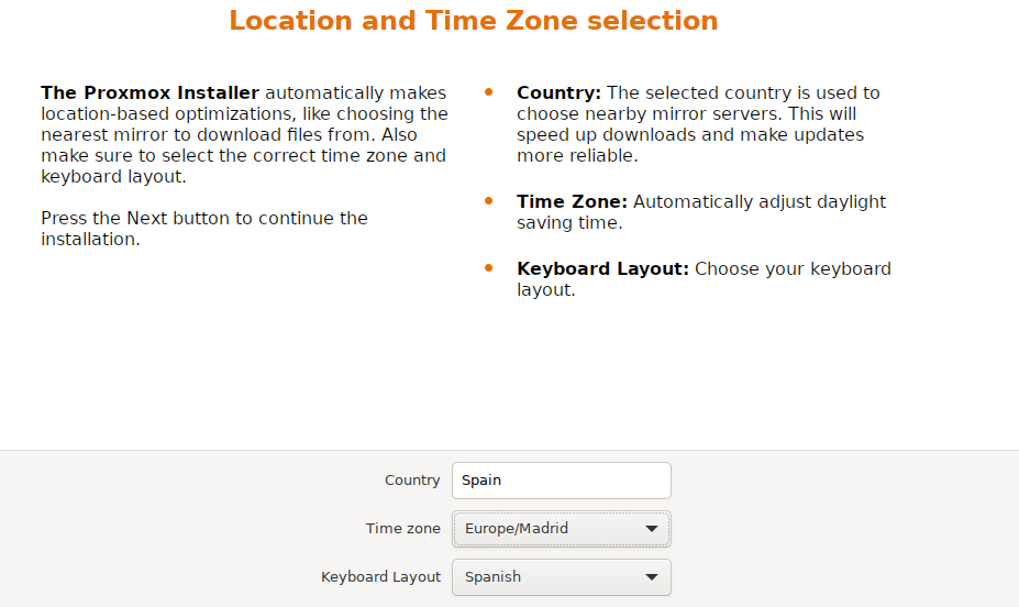 Selección de zona horaria y lenguaje.