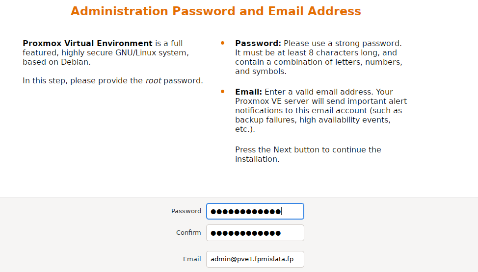 Configuración de contraseña y dirección de correo.
