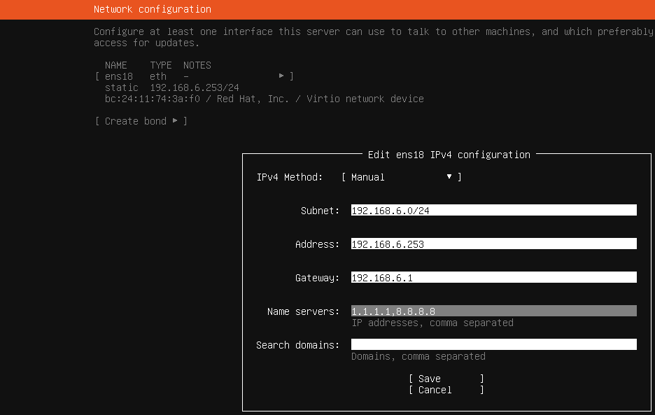 Configuración de red en el servidor.