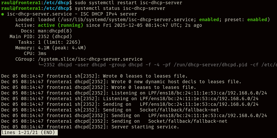 Servicio DHCP reiniciándose correctamente.