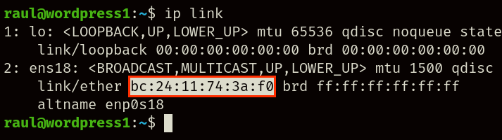 Dirección MAC de "wordpress1".