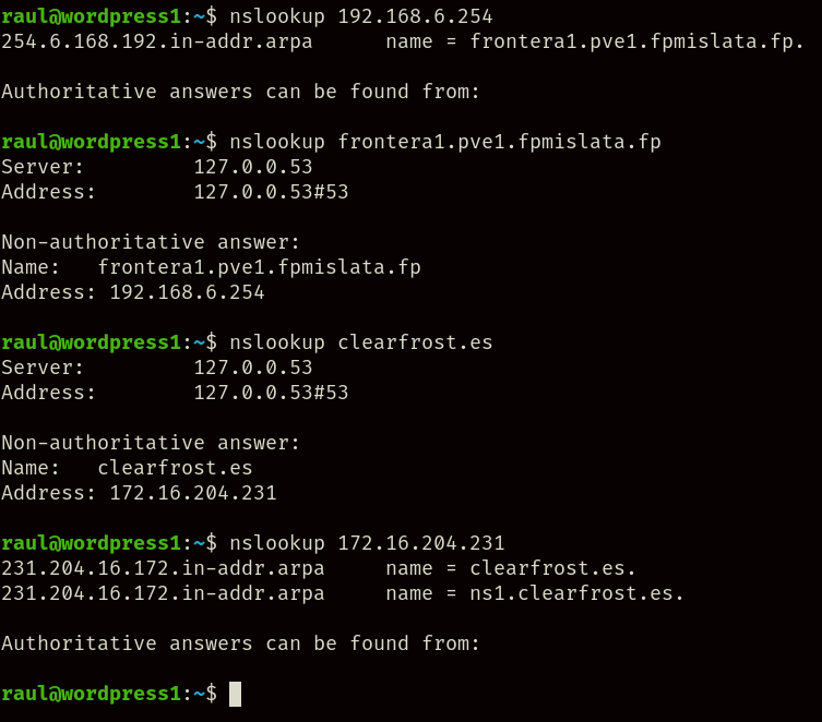 Consultas al servidor DNS desde la red interna.
