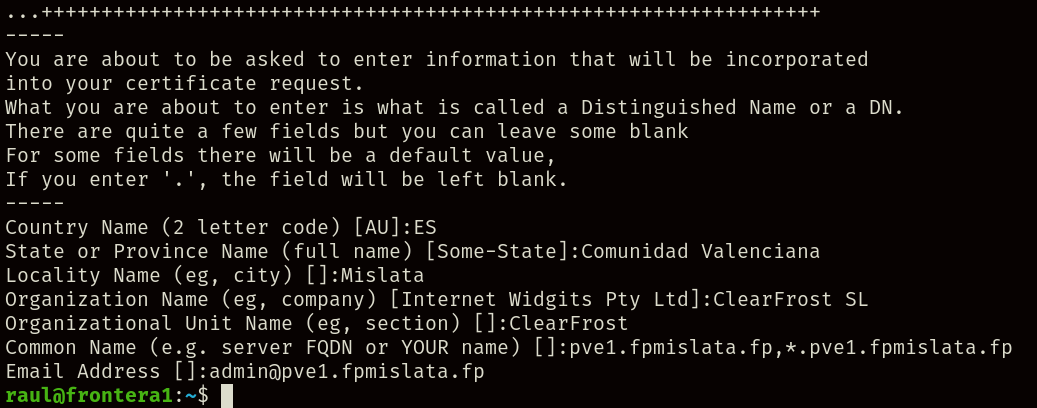 Datos del certificado generado.