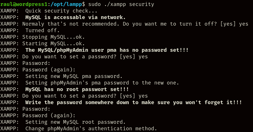 Configuración de seguridad de XAMPP.