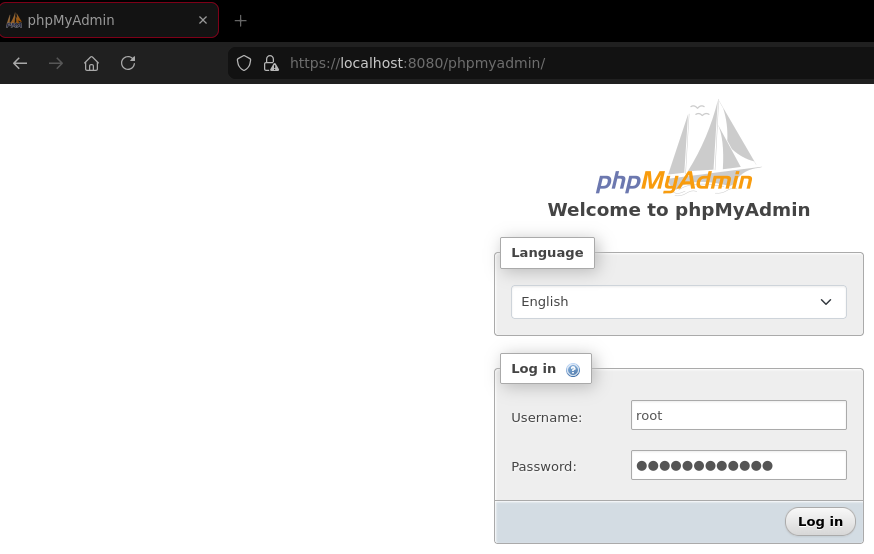 Acceso exitoso a "phpMyAdmin".