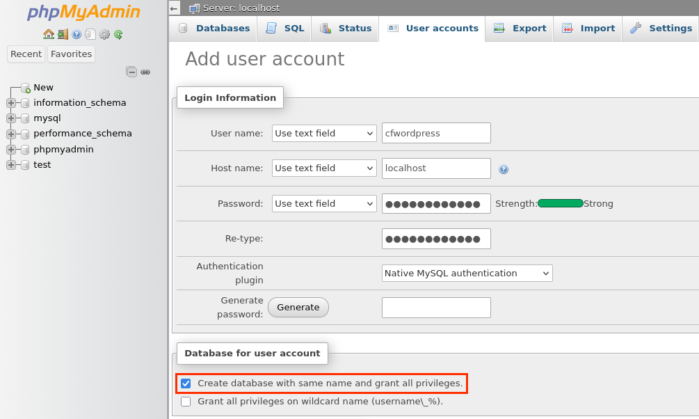 Creación del usuario y base de datos.