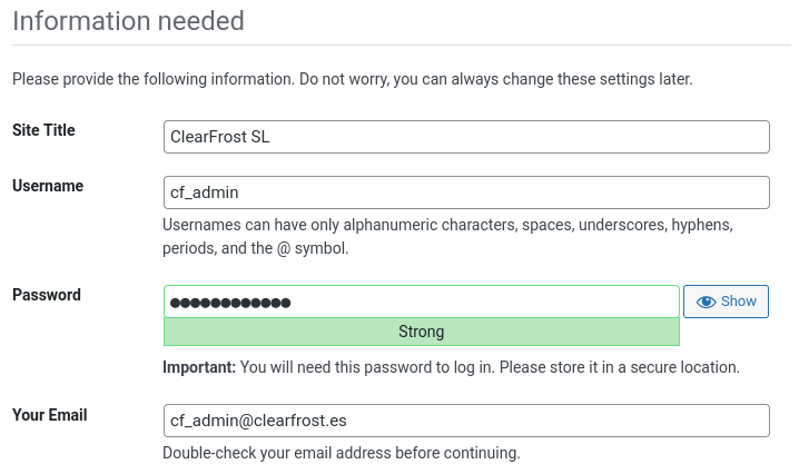 Creación del administrador de WordPress.